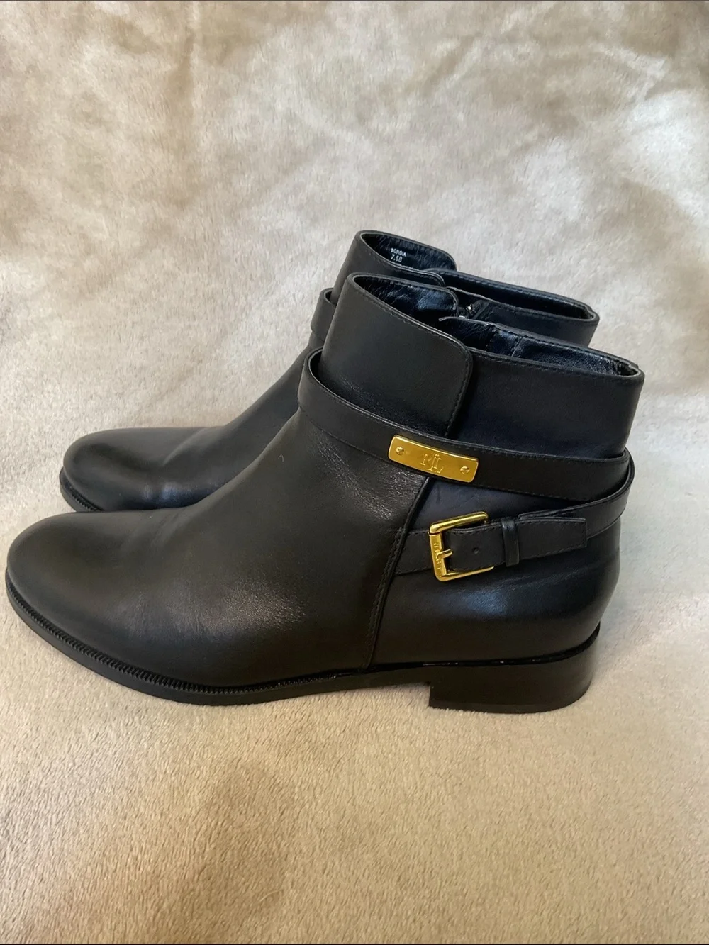 Lauren Ralph Lauren Black Leather Borgia Ankle Boots with Gold Buckle Size 7.5B